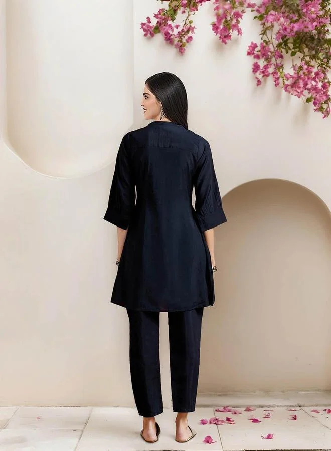 ISHIN Women's Black 100% Cotton Embellished Tunic Full Length Palazzo Straight Fit Kurta Set