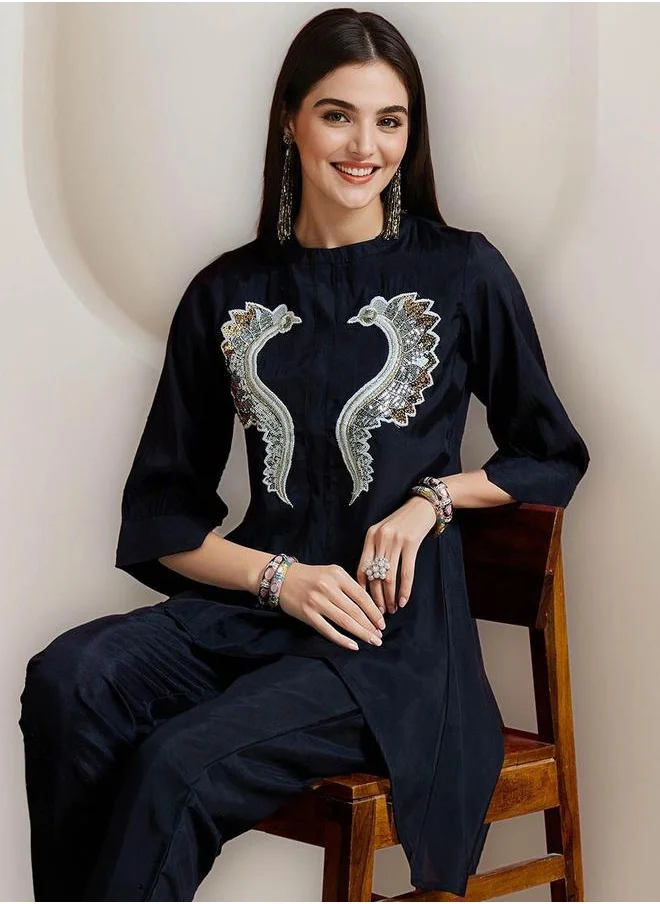 آي شين Black Cotton Embellished Pattern Straight Kurta Set for Women with Round Neck Neckline Three-Fourth Sleeves Calf length Upper Body Wear Tunic Full Length Bottom Body Wear Palazzo Elastic Closure - Perfect for Festive Occasions