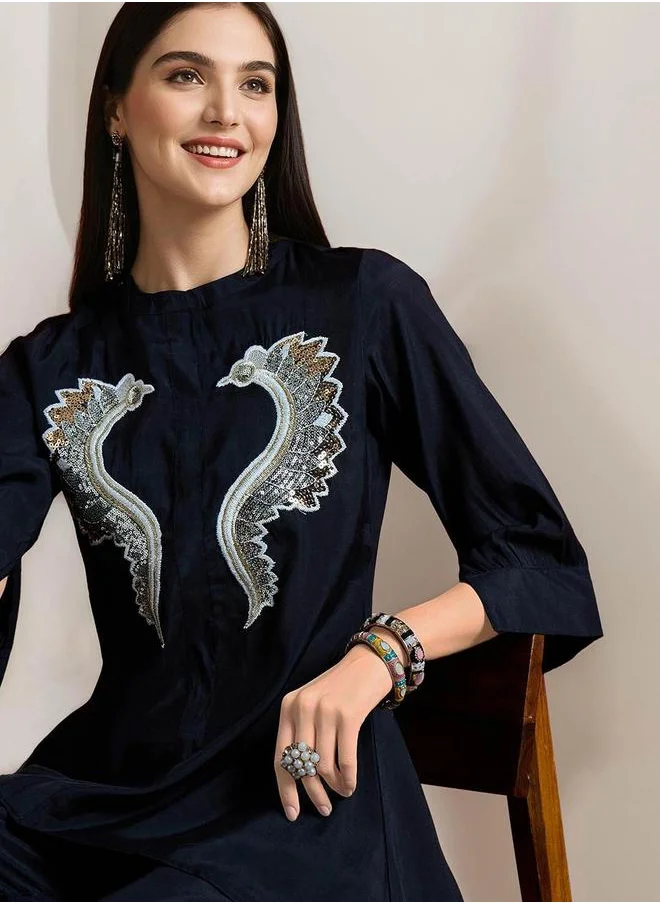 آي شين Black Cotton Embellished Pattern Straight Kurta Set for Women with Round Neck Neckline Three-Fourth Sleeves Calf length Upper Body Wear Tunic Full Length Bottom Body Wear Palazzo Elastic Closure - Perfect for Festive Occasions
