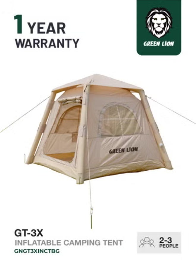 GREEN LION GT-3X Inflatable Camping Tent / Quick Setup 1–2 Min Air Tent / Oxford Waterproof Fabric / Outdoor Portable Shelter for 2–3 People / Dual Door Design / UV Protection / Wind & Tear Resistant / Electric Deflation Valve & Hand Pump Included - Beige - Image 1