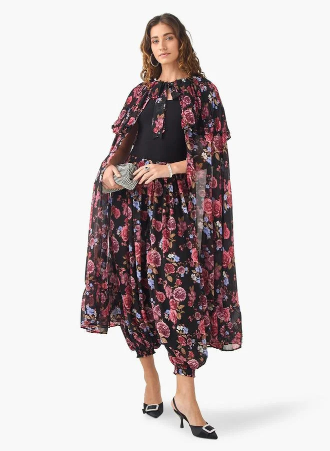 Iconic Floral Print Longline Shrug with Cape Sleeves