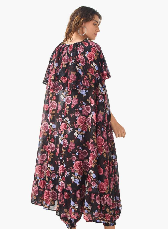 ايكونيك شال طويل بطبعة زهور وأكمام كاب - Image 3