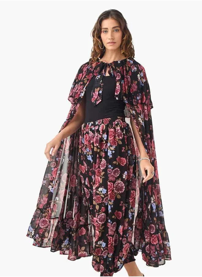 ايكونيك Floral Print Longline Shrug with Cape Sleeves