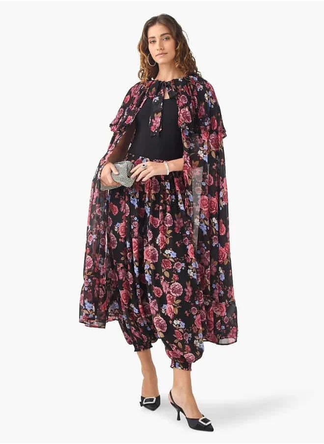 ايكونيك Floral Print Longline Shrug with Cape Sleeves