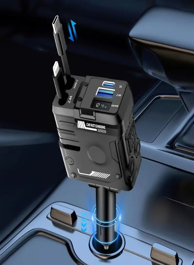 AROAQ 4-in-1 Retractable Car Charger with Extra-Long Cables & Fast Charging – Mechanical Style 180° Adjustable Plug, Dual USB Ports + 2 Built-In 31.5" Cables – Compatible with iPhone, Samsung, S23/S22, Pixel & More – Universal Car Accessory , Black - Image 1