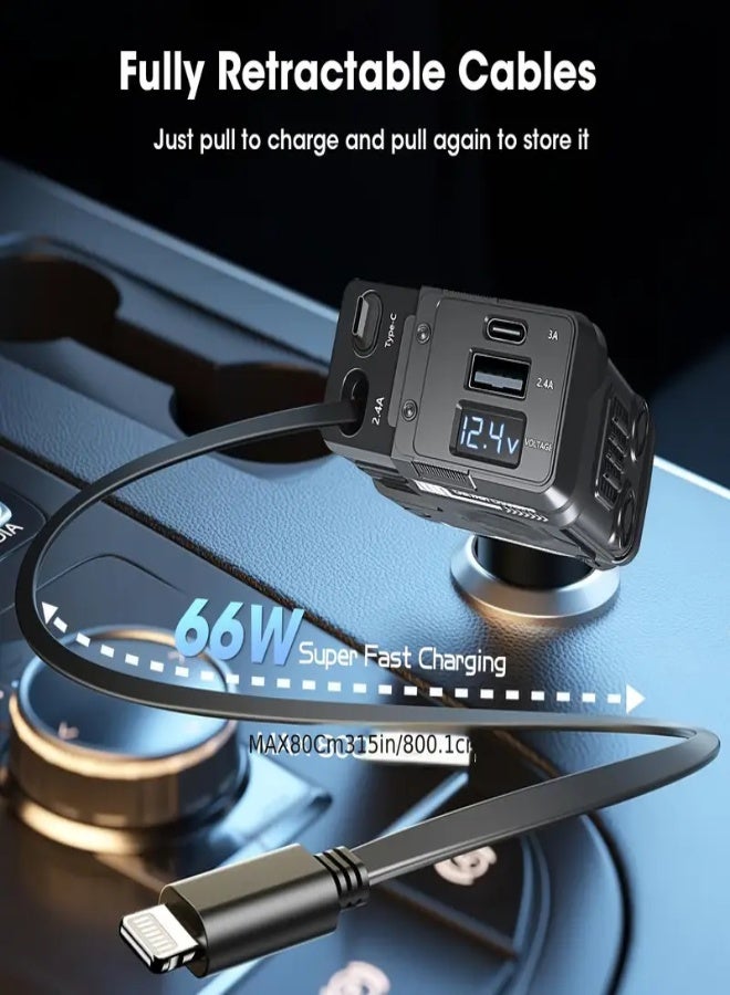 AROAQ 4-in-1 Retractable Car Charger with Extra-Long Cables & Fast Charging – Mechanical Style 180° Adjustable Plug, Dual USB Ports + 2 Built-In 31.5" Cables – Compatible with iPhone, Samsung, S23/S22, Pixel & More – Universal Car Accessory , Black - Image 5