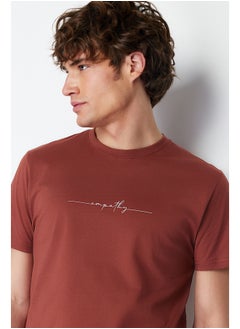 trendyol Brown Regular/Normal Cut Text Printed 100% Cotton Label Appliqué T-shirt TMNSS21TS0808  - Image 3