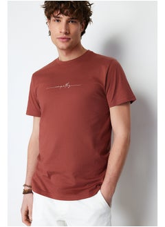 trendyol Brown Regular/Normal Cut Text Printed 100% Cotton Label Appliqué T-shirt TMNSS21TS0808  - Image 4