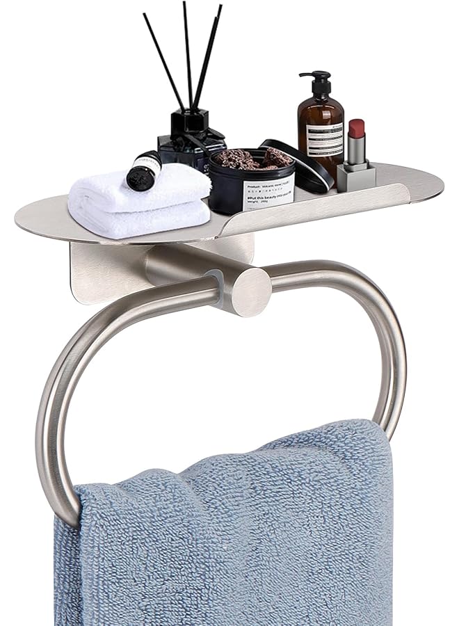 Hand Towel Ring with Shelf, 304 Stainless Steel Hand Towel Holder, Heavy Duty Bathroom Accessories, Wall Mounted Towel Hanger for Bathroom Kitchen (Brushed Nickel)
