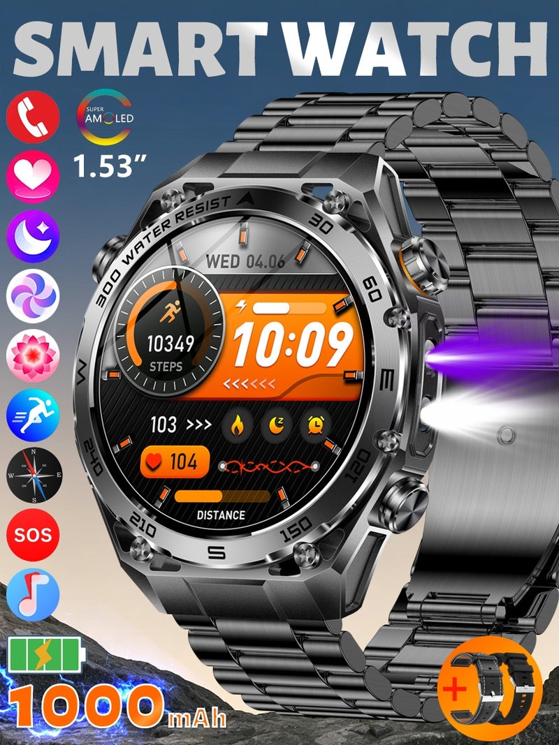 SACOSDING Military Smart Watches for men, 100+ Sport Modes with LED Flashlight and UV lamp, Outdoor Sports Smartwatch for Android Phones and iPhone, 1.53" AMOLED Screen Bluetooth Call, 800mAh large battery - Image 1