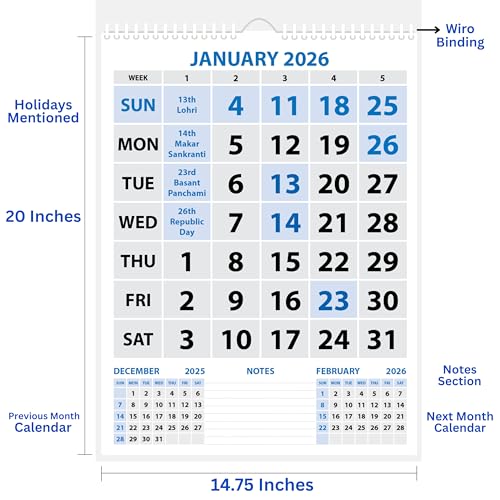 LAURET BLANC 2026 Wall Calendar -14.75" X 20" for Home & Office, Holidays Mentioned, 150GSM Art Paper (H) - Image 2