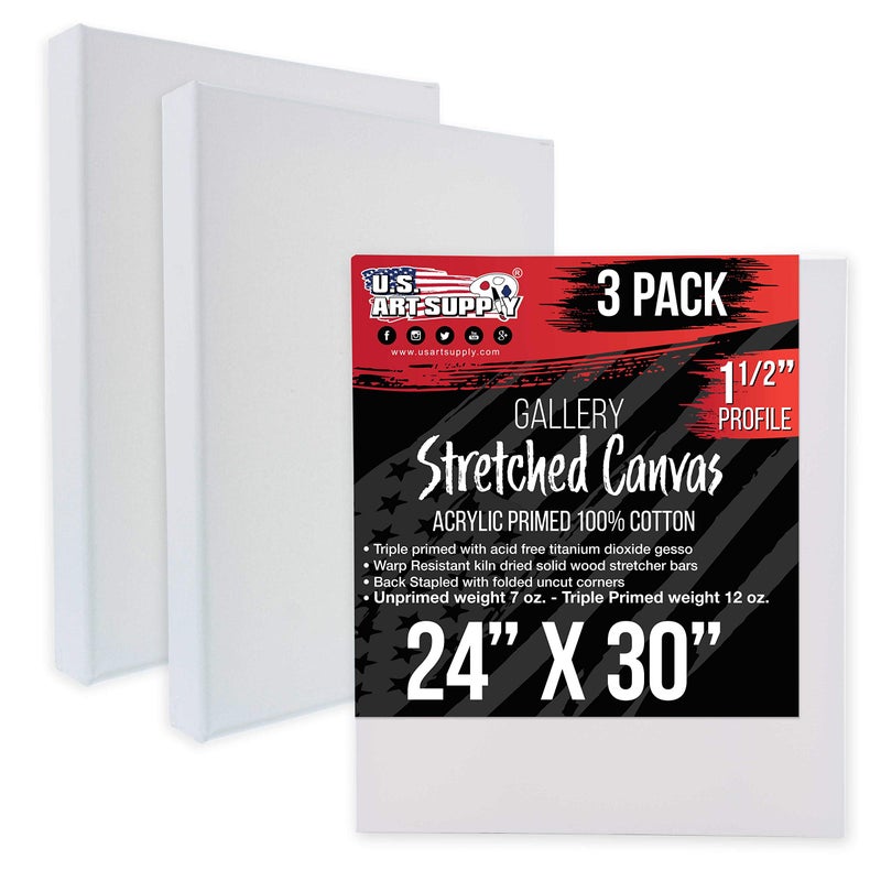 US Art Supply Large Stretched Canvas for Painting 24x30 inch Gallery Depth 112 Thick 3Pack  12oz Acrylic Gesso Triple Primed Professional Artist Quality 100 Cotton  Oil Pouring Paint