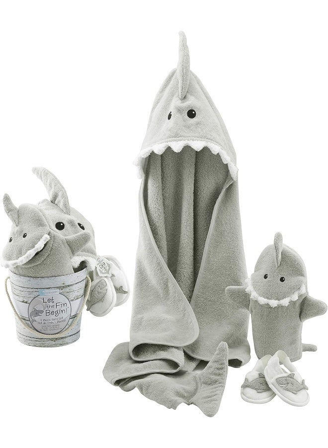 بيبي أسبين Baby Girls 4pc Bath Time Gift Set Hooded Towel, Gray, Gray Shark - Image 3