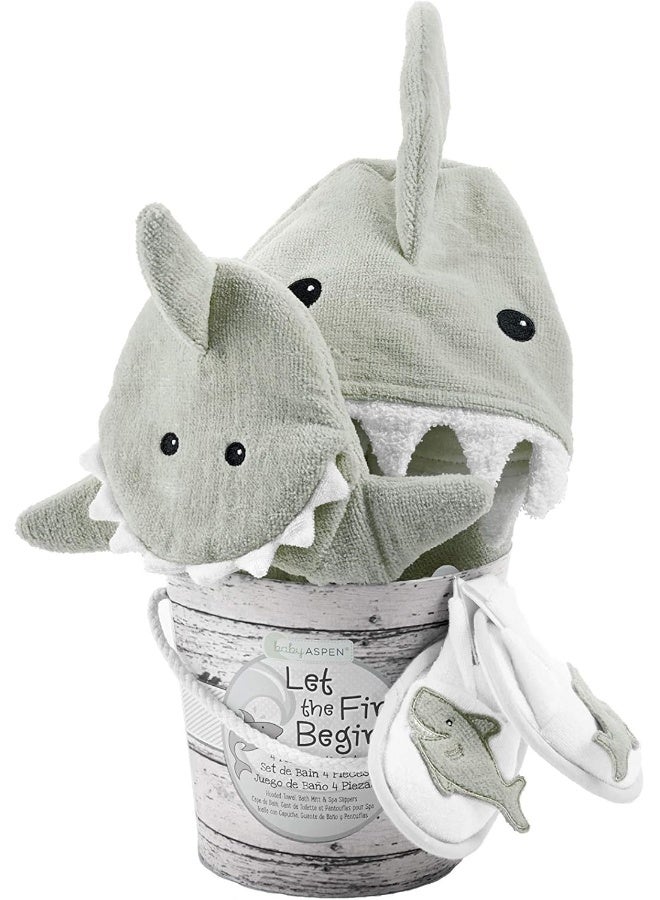 بيبي أسبين Baby Girls 4pc Bath Time Gift Set Hooded Towel, Gray, Gray Shark - Image 1