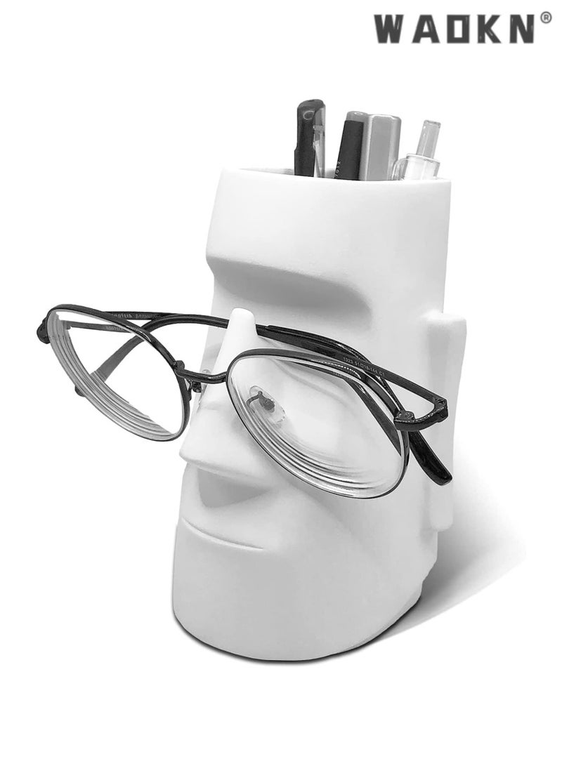 WAOKN Multifunctional Resin Art Ornament Pencil Holder, Innovative Design Combining Glasses Shelf and Makeup Brush Holder, Decorate Your Desk and Showcase Individual Taste（white） - Image 1