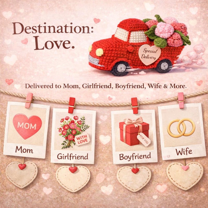 MHSMHL Handmade Crochet Flower Truck, Valentines Day Gift for Her Him Husband Wife Boyfriend Girlfriend Couple, Anniversary Romantic Gift Valentines Day Decorations for Tiered Tray Office Desk - Image 3