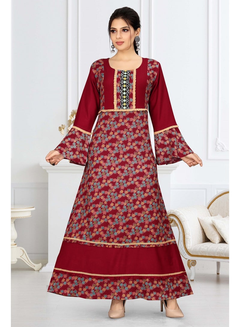 Zainah Elegant Bell Sleeve Maxi Jalabiya Dress for Women - Printed Modest Caftan - Long Sleeve Panel Design - Image 1