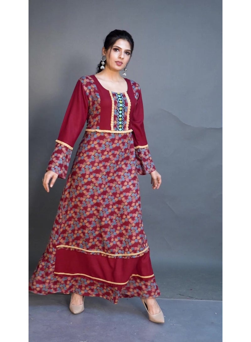 Zainah Elegant Bell Sleeve Maxi Jalabiya Dress for Women - Printed Modest Caftan - Long Sleeve Panel Design - Image 2