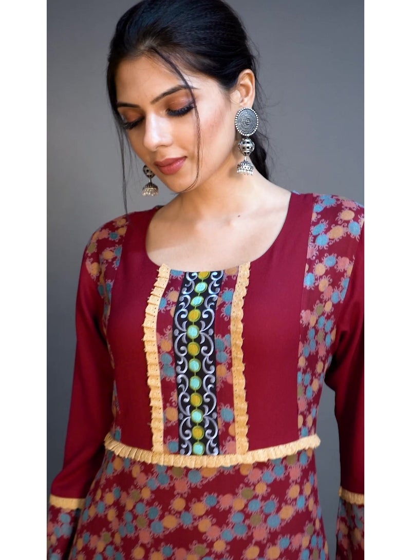 Zainah Elegant Bell Sleeve Maxi Jalabiya Dress for Women - Printed Modest Caftan - Long Sleeve Panel Design - Image 5