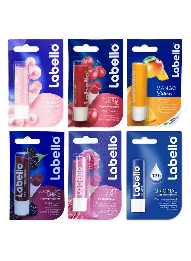 Labello Lip Balm Bundle Containing 6 Different Labello Lip Balms Pearly Shine Cherry Shine Mango Blackberry Shine Soft Rose Original - Image 1