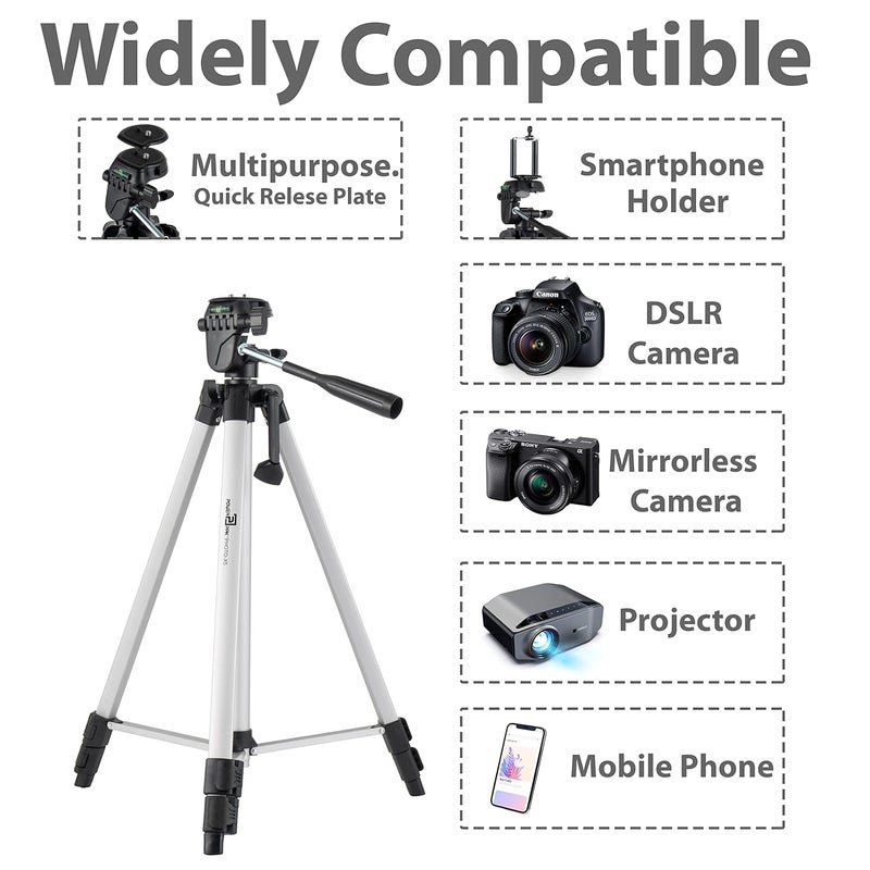 Powerpak Photo-X5 4.5ft/53'' Flat Tripod for Smartphones & Cameras |Max Operating Height - 4.5ft|with Smartphone Clamp & 3-Way Panhead | for Digital DSLR, Video Camera, Camcorder|Payload 1.5kg, Black - Image 2