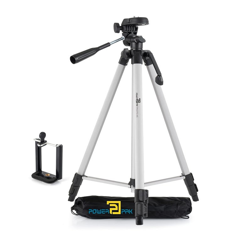 Powerpak Photo-X5 4.5ft/53'' Flat Tripod for Smartphones & Cameras |Max Operating Height - 4.5ft|with Smartphone Clamp & 3-Way Panhead | for Digital DSLR, Video Camera, Camcorder|Payload 1.5kg, Black - Image 1