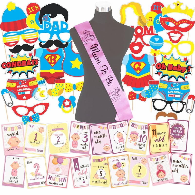 Wobbox Baby Shower Decoration Items| Baby Shower Ceremony Photo Booth Props for Photoshoot, Milestone Crad& Mom to Be Sash, Godh Bharai Ceremony Decoration Kit-(FP624) - Image 1