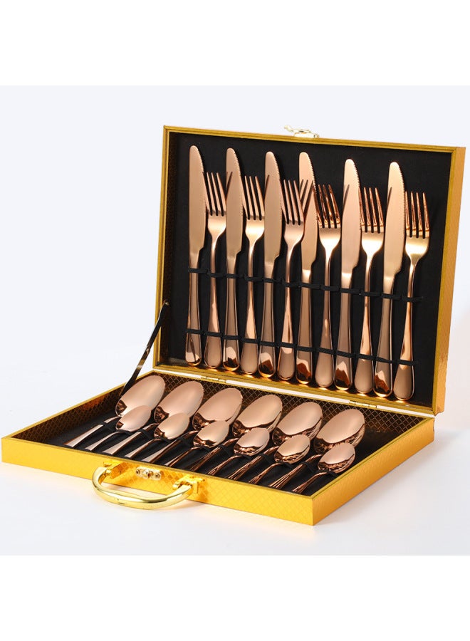 Stainless Steel 1010 Cutlery Set 24 Pieces Titanium Coated Western Dining Utensils Gift Box Set Export Gifts-Color:Rose Gold 24-piece Set-gold Box  - Image 1