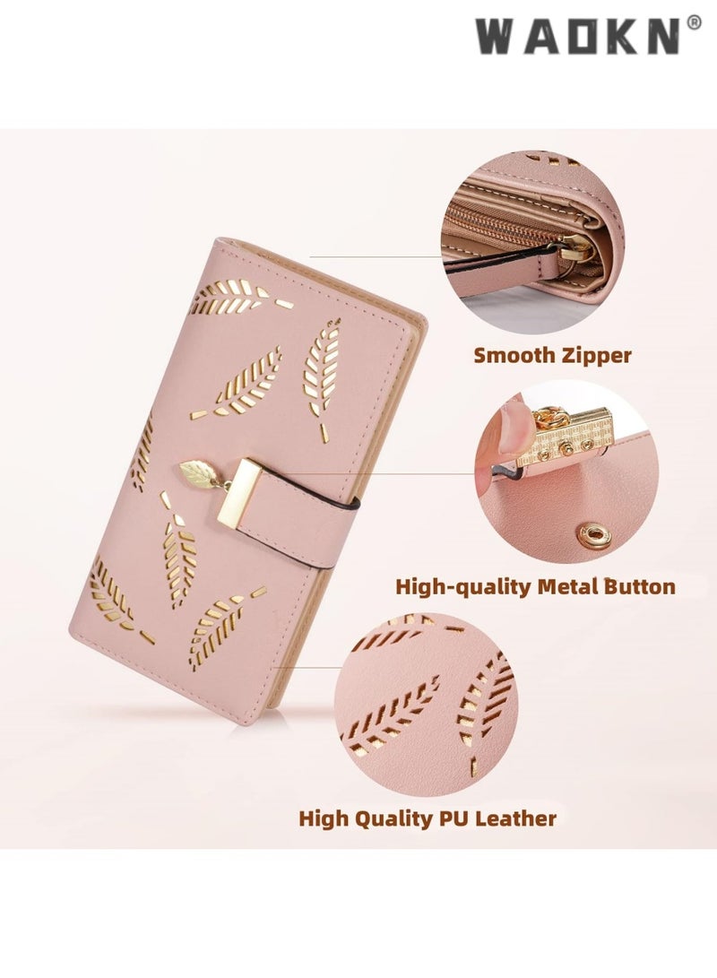 WAOKN Fashionable Women's Preferred Long Leaf Bifold Leather Wallet Card Holder with Delicate Zip Buckle, Elegant Clutch Purse, Multi-functional Storage, Versatile Handbag（Pink） - Image 5