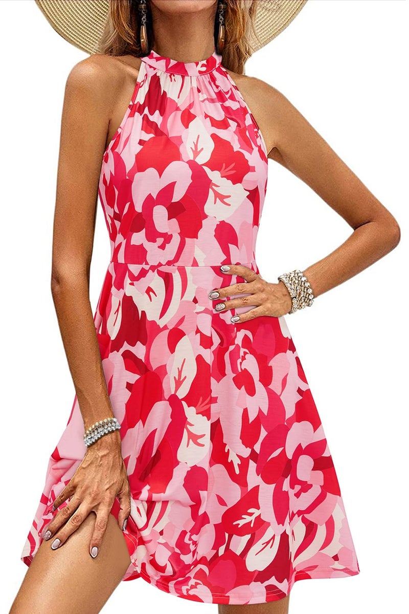 OUGES Women's 2025 Summer Graduation Derby Dresses Halter Neck Floral Spring Dress Casual Sundress(Floral-Z46,M) - Image 1