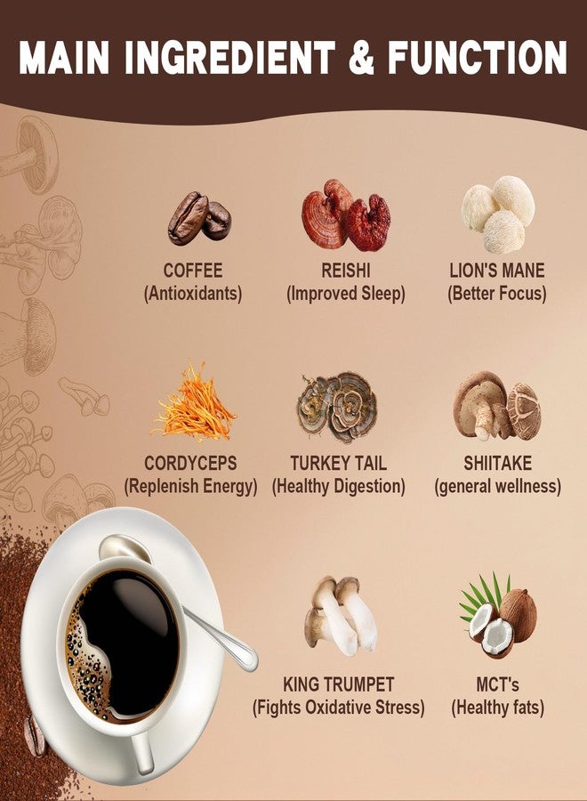 Tecepec Mushroom Coffee, 40 Servings Instant Mushroom Coffee Powder with 6 Adaptogenic Mushrooms and MCT Oil for Better Energy, Focus, Digestion & Immune Support - Image 2