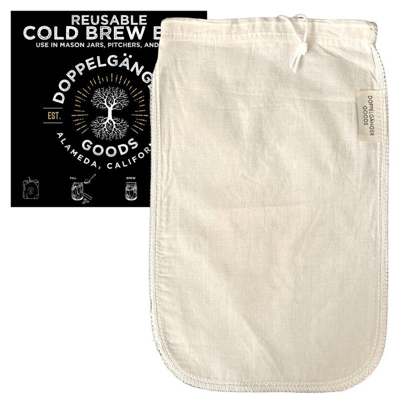 Doppeltree (1-Pack, Medium 8in x 12in) Organic Cotton Cold Brew Coffee Bag - Designed in California - Reusable Coffee Filter with EasyOpen Drawstring Cold Brew Maker for Pitchers, Mason Jars, & Toddy Systems - Image 1