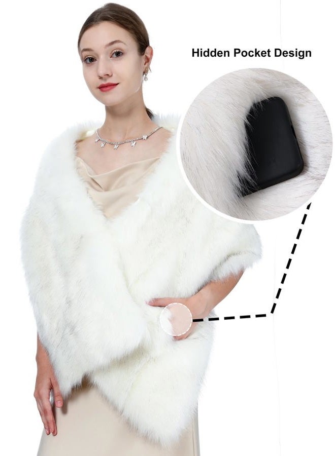 LA CARRIE Women Wedding Faux Fur Long Shawl Bridal Cape Party Stole Winter Scarf Soft Cover Up Shrug Gown Wrap, White, One size - Image 2