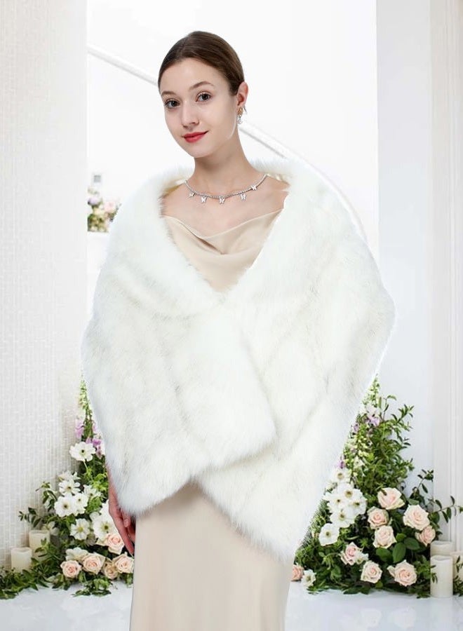 LA CARRIE Women Wedding Faux Fur Long Shawl Bridal Cape Party Stole Winter Scarf Soft Cover Up Shrug Gown Wrap, White, One size - Image 5