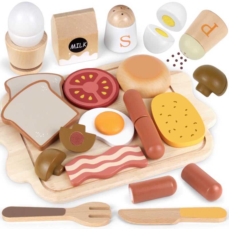 Airlab Toy Food for Toddler 3-5 Pretend Play Kids Kitchen Playset Breakfast Cutting Food Girl Boy Birthday Gift Age 3 4 5 6 Year Old Wood Educational Toys Kitchen Accessories - Image 1