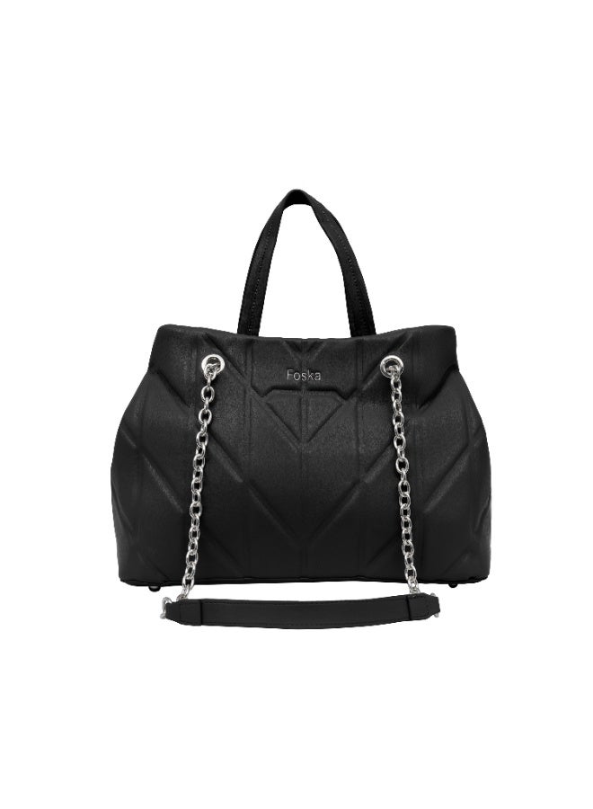 Foska Women's Shoulder Bag - Chic Piped Design Smooth Leather - Black - 33x24 cm - Image 1