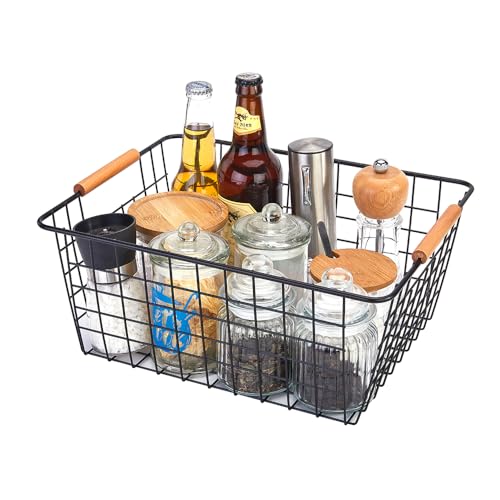 LeleCAT Large black wire baskets with Wooden Handles for storage pantry, Storage Organizer Baskets, Household Refrigerator for Cabinets, Closets, Bedrooms, kitchen - Set of 3 Black - Image 3