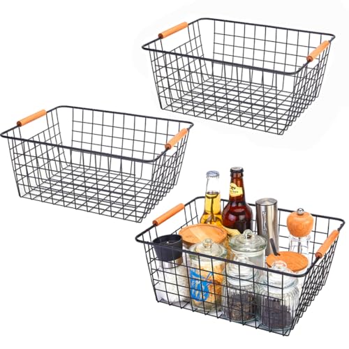 LeleCAT Large black wire baskets with Wooden Handles for storage pantry, Storage Organizer Baskets, Household Refrigerator for Cabinets, Closets, Bedrooms, kitchen - Set of 3 Black - Image 1