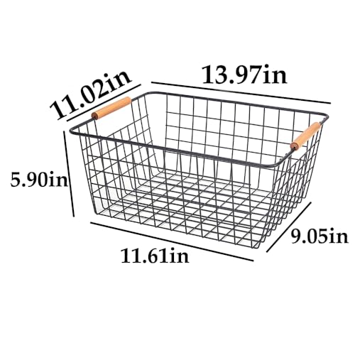 LeleCAT Large black wire baskets with Wooden Handles for storage pantry, Storage Organizer Baskets, Household Refrigerator for Cabinets, Closets, Bedrooms, kitchen - Set of 3 Black - Image 2