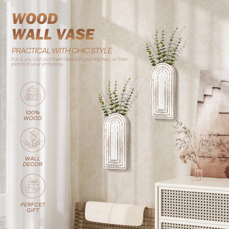EOSAHR Pine Wood Wall Vases Set of 2 â€“ Farmhouse Wall Decor for Living Room, Bedroom & Office â€“ Hanging Planters for Indoor Plants & Artificial Flowers, Best Boho Chic Decor Accent (Whitewash) - Image 4