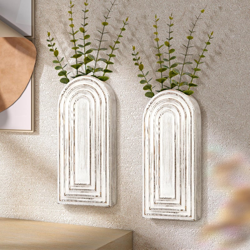 EOSAHR Pine Wood Wall Vases Set of 2 â€“ Farmhouse Wall Decor for Living Room, Bedroom & Office â€“ Hanging Planters for Indoor Plants & Artificial Flowers, Best Boho Chic Decor Accent (Whitewash) - Image 1