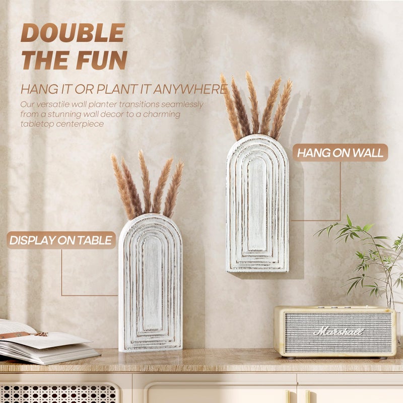 EOSAHR Pine Wood Wall Vases Set of 2 â€“ Farmhouse Wall Decor for Living Room, Bedroom & Office â€“ Hanging Planters for Indoor Plants & Artificial Flowers, Best Boho Chic Decor Accent (Whitewash) - Image 5