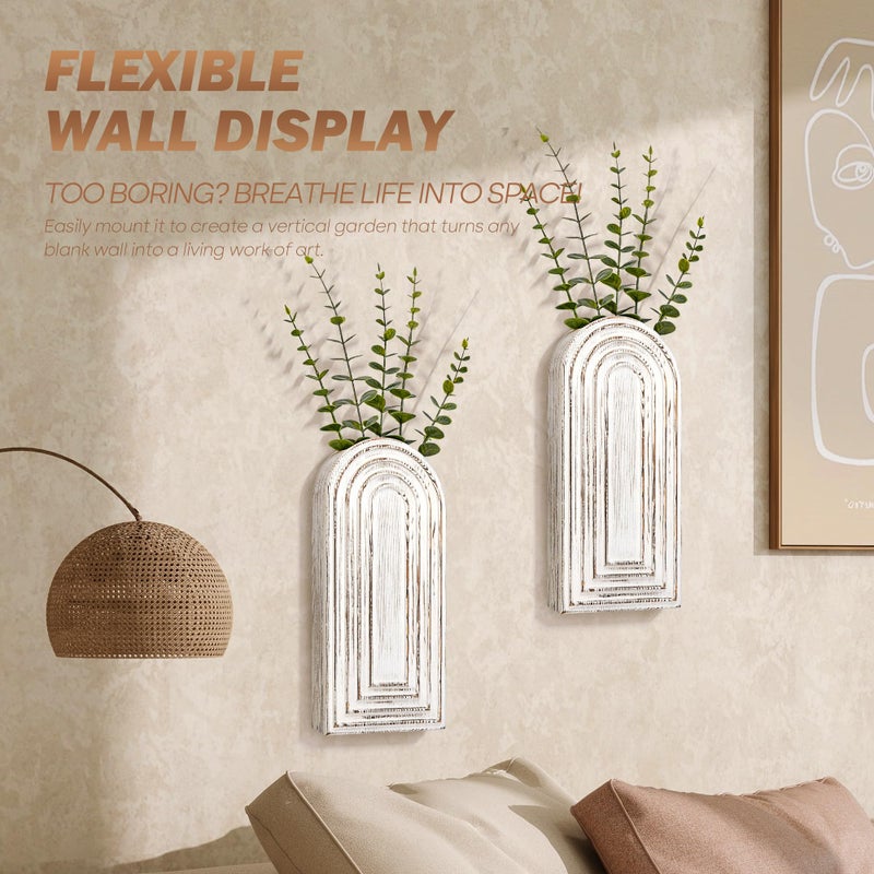 EOSAHR Pine Wood Wall Vases Set of 2 â€“ Farmhouse Wall Decor for Living Room, Bedroom & Office â€“ Hanging Planters for Indoor Plants & Artificial Flowers, Best Boho Chic Decor Accent (Whitewash) - Image 2