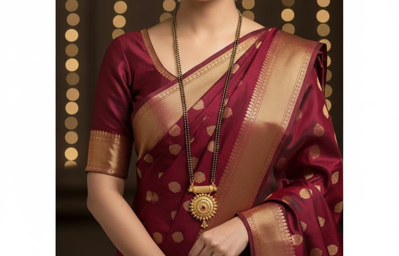 AAIKU مغنصوترا تقليدي من ماهاراشترا مع قلادة دائرية وأقراط | سلسلة طويلة مطلية بالذهب مع خرز أسود | مجوهرات بتصميم ميكروبولش للنساء والفتيات - Image 2