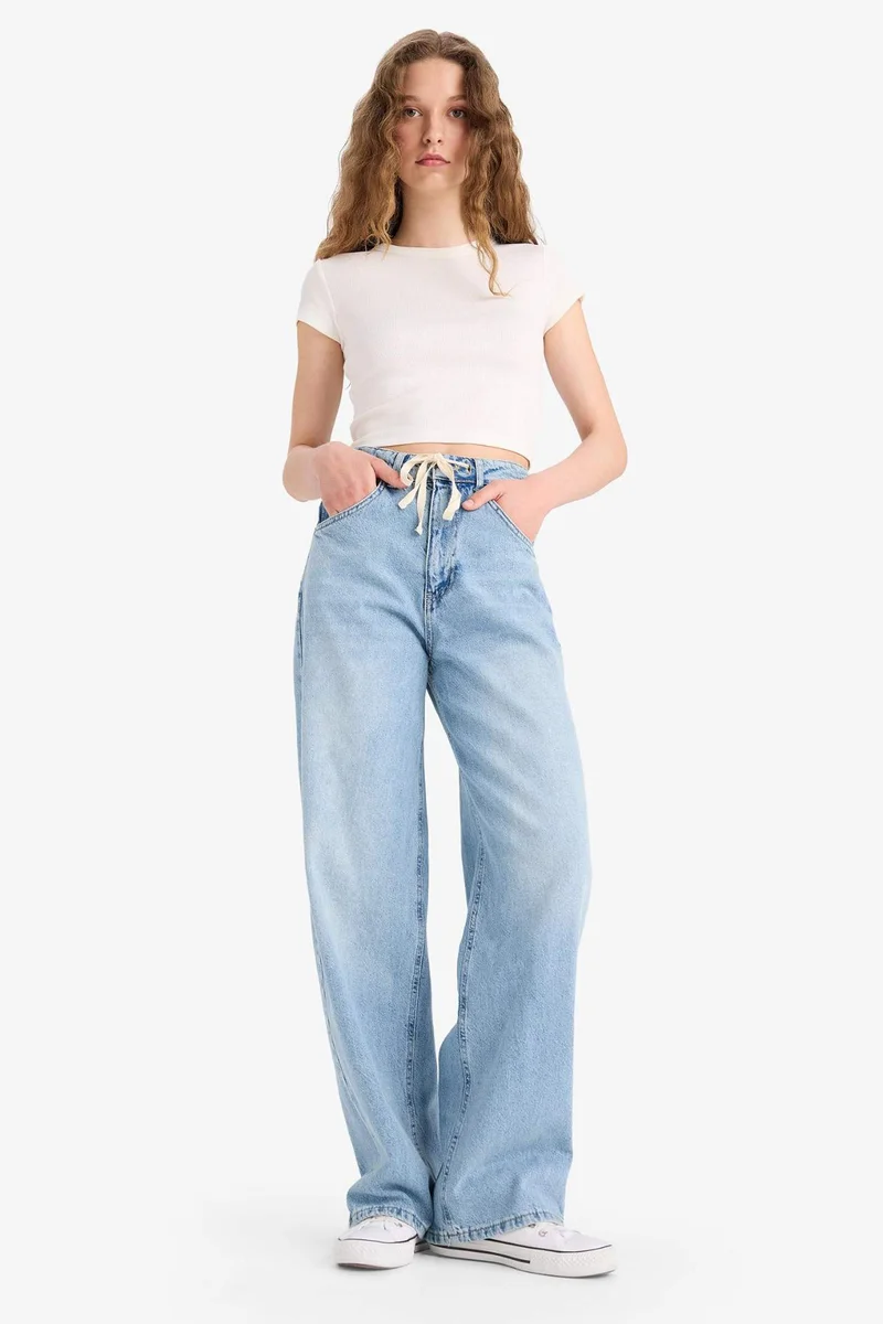 DeFacto Wide Leg Laced Waist Washed Jeans