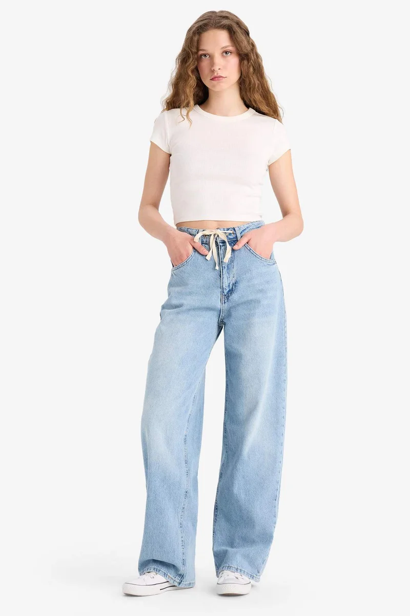 DeFacto Wide Leg Laced Waist Washed Jeans