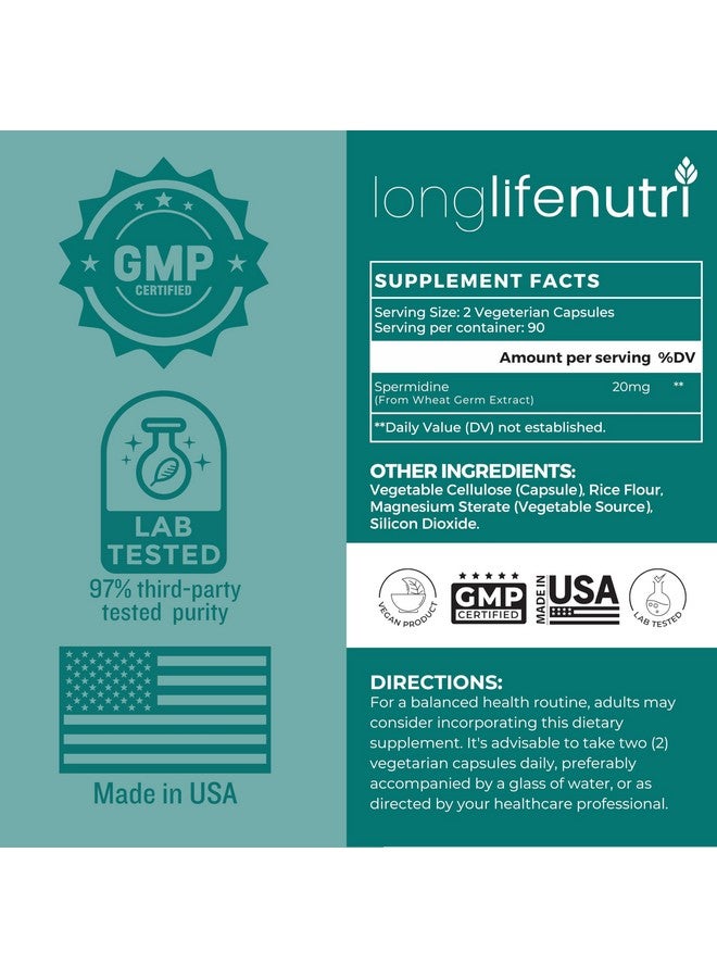 LongLifeNutri Spermidine 20mg, Supports Cellular Health & Brain Function - 180 Count, 2 Serving Size, Vegan Capsules, Wheat Germ Extract, Naturally Support Wellness, Lab Tested, Crafted in USA - Image 2