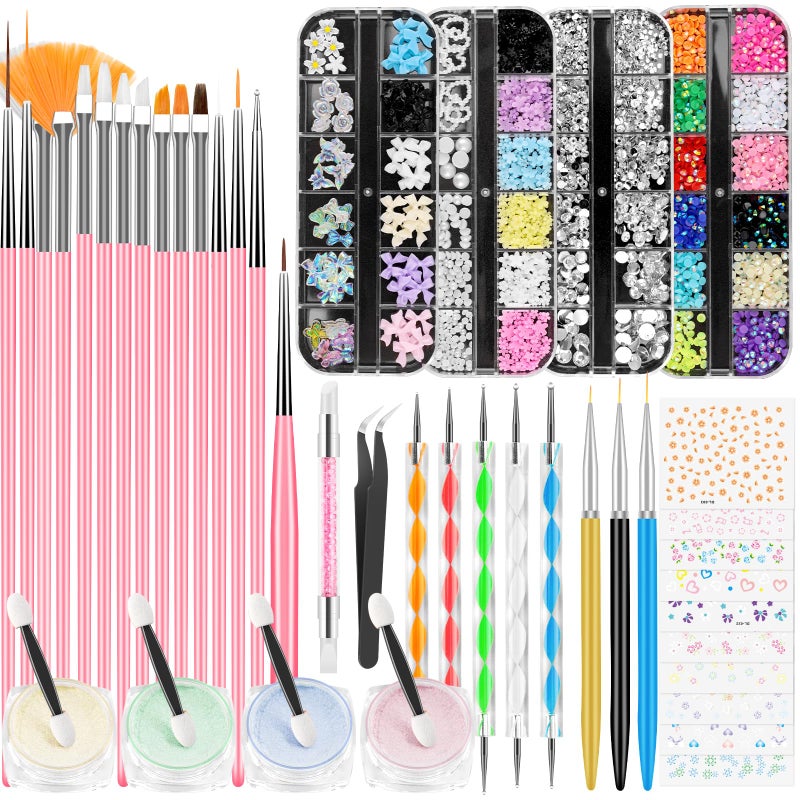 YOOVR Nail Art Kit, Nail Art Tools, Nail Design Tools, Nail Art Brushes Decoration Kit, Nail Dotting Tool, Nail Kit for Beginners, Chrome Nail Powder, Nail Stickers, Nail Rhinestones, Nail Charms Gems - Image 1