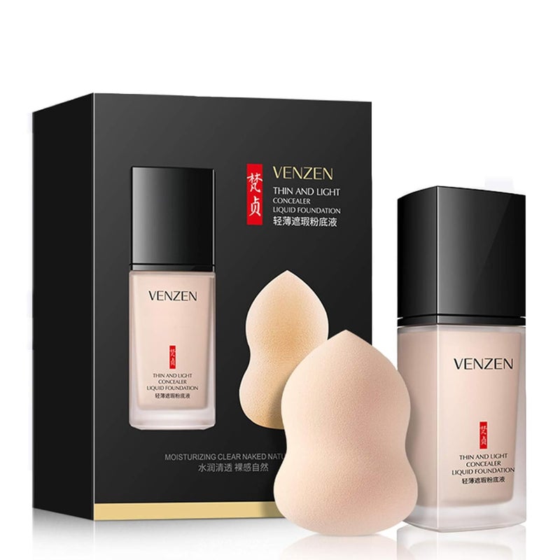 VENZEN VENZEN Thin Light Concealer Liquid Foundation Waterproof Moisturizing Clear Naked Natural LongLasting Soft Texture Rubber Ring Delicate Colors 01 NATURAL 6761 