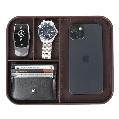 V-CUBE Designs Premium Vegan Leather Valet Tray|Stylish & Modern Office Desk Tray| Table/Bedside/Entryway Organiser for everyday essentials like Keys, Phone, Watch, Wallet, Jewellery|Spill-Proof|Brown - Image 1